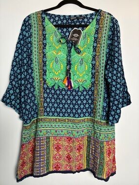Bohemian Anandas Collection Women's Navy & Green Printed Tunic Top Beaded Tassel
